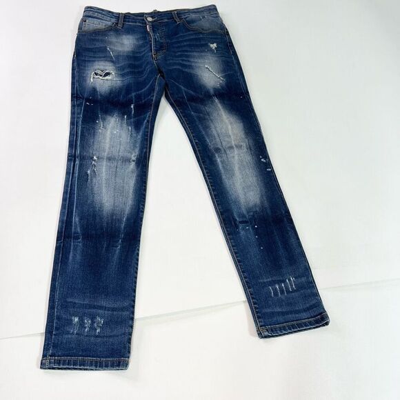 Dsquared2 Jeans Mens 46 Blue Wash Distressed Straight Relaxed Paint Splatter - Picture 1 of 12